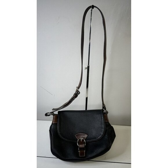 Dooney Bourke Black Pebbled Leather Medium Shoulder Crossbody Bag Brown Trim - Picture 1 of 8